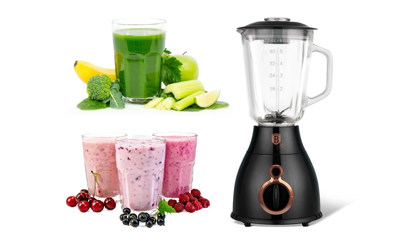 Berlinger Haus BH-9025 Turmixgép 1,5 L-es mércés edzett üvegkancsóval, 600 W, Fekete-Rose Gold