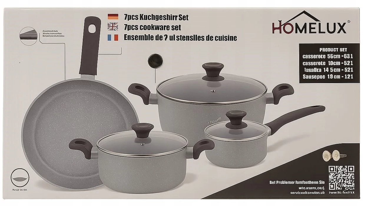 HOMELUX HL-7PFCSCW Edény és Serpenyőkészlet 7 db-os, Márvány felület, Bakelit foggantyúk, Tapadásmentes felület, Szürke, (minden típusú tűzhelyhez alkalmas, beleértve az indukciót is)