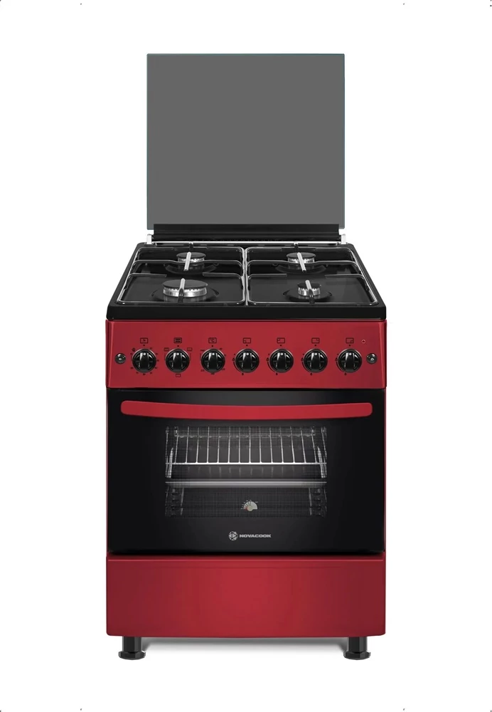 Novacook F6B40EF R kombinált tűzhely, 4 égőfej, 66 L, Grill, Nyárs, Légkeverés, meggypiros