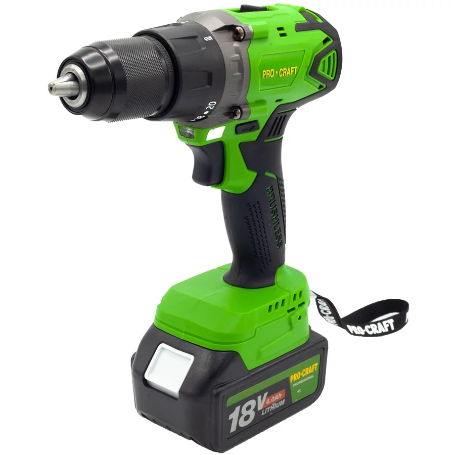 Procraft PA18BL Akkumulátoros fúrócsavarhúzó, 50 Nm nyomaték, 0-600/0-2100 fordulat/perc, 2 db 18V/4 Ah akkumulátorral, Kefe nélküli motor, Teljesen fém tokmány, Integrált LED lámpa, 2 fokozat, fordulatszám szabályozás