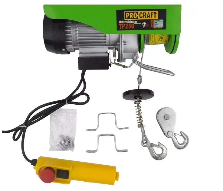 Procraft TP250 Elektromos kábelcsörlő, 510 W, 6 km/h max sebesség, 250 kg max. terhelhetőség, 12 m emelési magasság,10 m/perc emelési sebesség, 20 m kötélhossz