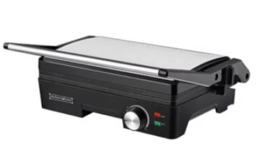 Royalty Line PME-1500.869.1 Nagy méretű multifunkciós panini és grillsütő, 1600W, Alul-felül sütés egyidejűleg, Tapadásmentes sütőlapok, Fekete-Ezüst