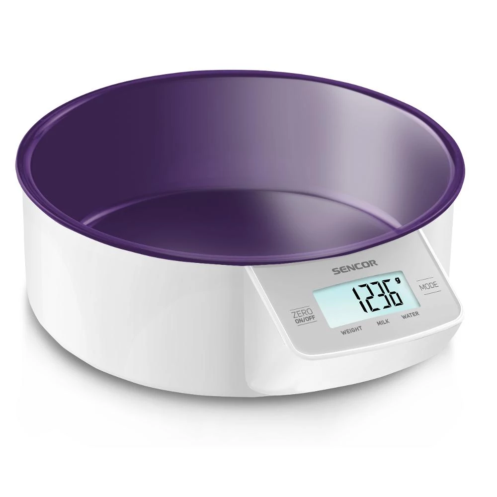 Sencor SKS 4004VT Tálas konyhai mérleg, 5kg/1g, LCD kijelző, mérlegelés/tejmérés/vízmérés, Lila