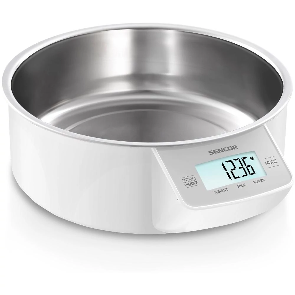 Sencor SKS 4030WH Tálas konyhai mérleg, 5kg/1g, LCD kijelző, Víz és tej térfogatmérés, Fehér