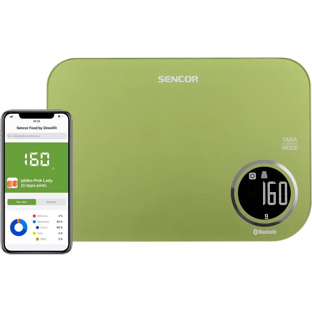 Sencor SKS 7070GG Smart konyhai mérleg, LCD kijelző, Sencor FOOD alkalmazás, Dine4Fit adatbázis, Android vagy iOS, Bluetooth, 5 kg/1 g, tömeg mérés, tejtérfogat/víztérfogat mérés, Zöld