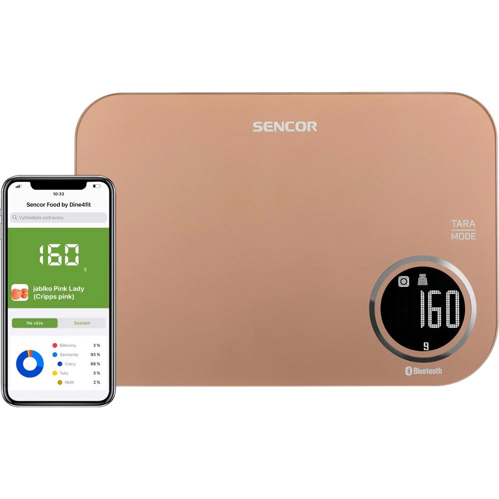 Sencor SKS 7076GD Smart konyhai mérleg, LCD kijelző, Sencor FOOD alkalmazás, Dine4Fit adatbázis, Android vagy iOS, Bluetooth, 5 kg/1 g, tömeg mérés, tejtérfogat/víztérfogat mérés, Arany