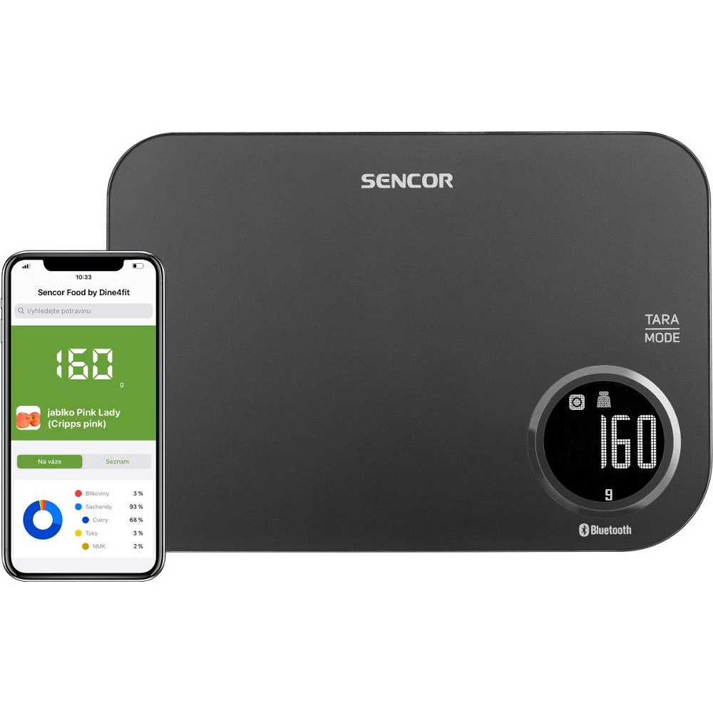 Sencor SKS 7078BK Smart konyhai mérleg, LCD kijelző, Sencor FOOD alkalmazás, Dine4Fit adatbázis, Android vagy iOS, Bluetooth, 5 kg/1 g, tömeg mérés, tejtérfogat/víztérfogat mérés, Fekete