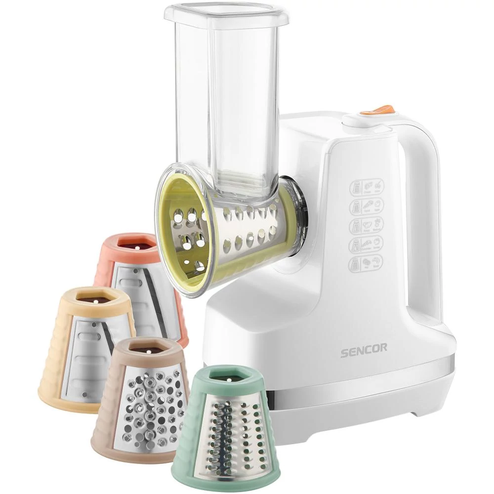 Sencor SSG 4300WH Speciális elektromos zöldség-gyümölcs szeletelő és reszelő, 150 W, 5 cserélhető szeletelő tartozék, Fehér